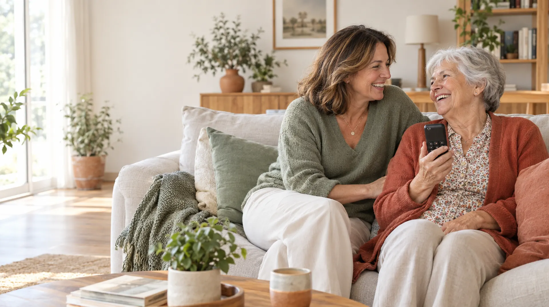 Une femme et sa mère âgée rient ensemble sur un canapé